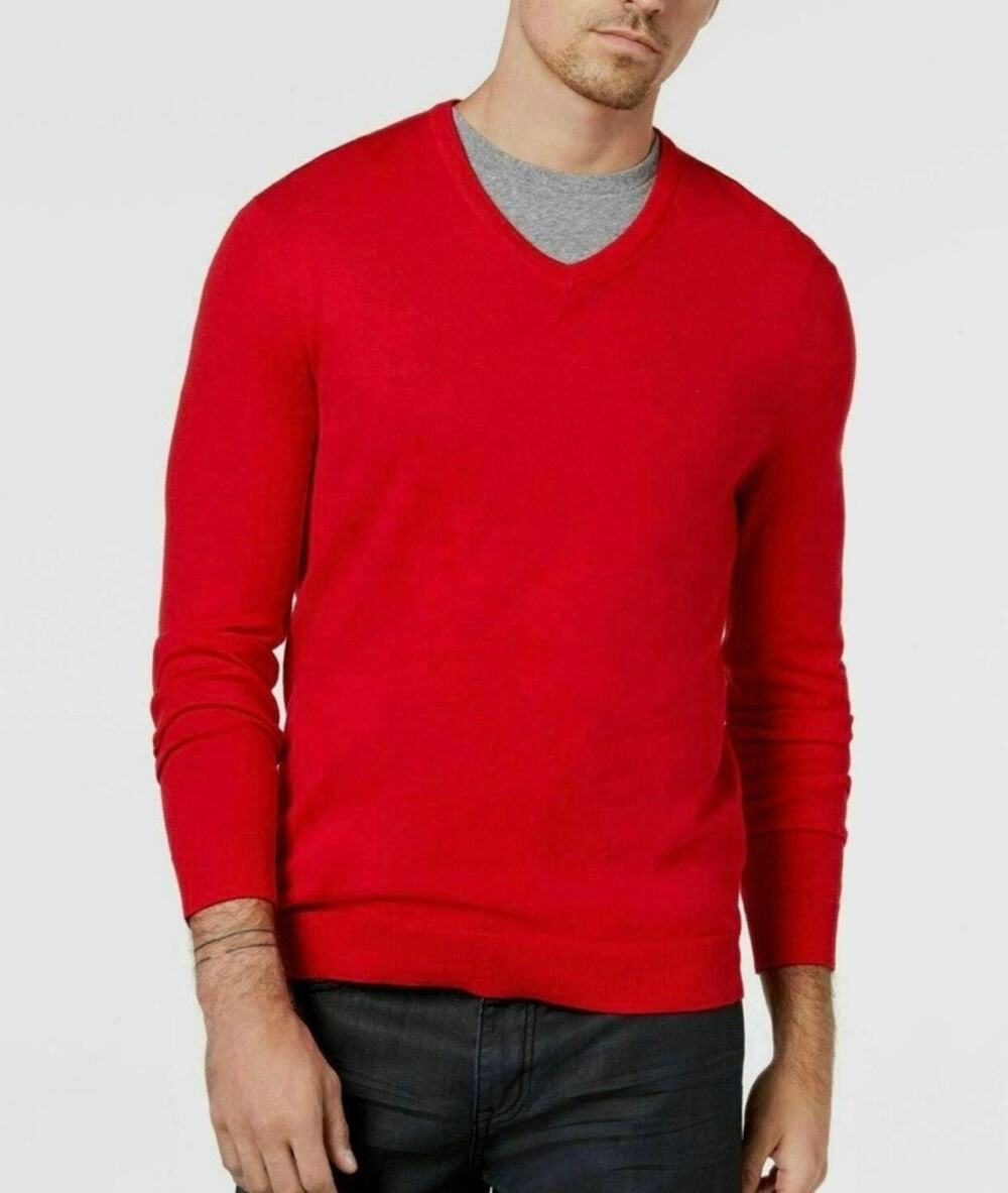Alfani Men's V-Neck Pullover Sweater Red Cherry Cotton Blend Classic Fit XL NWT
